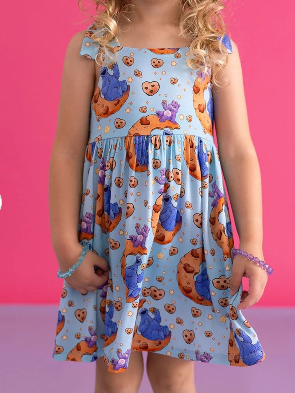 Posh Peanut Care Bears Light Blue Bow Babydoll Dress with Orange & Purple Prints